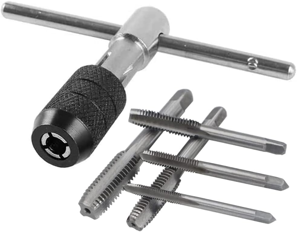 T-tap Wrench Set, Adjustable T-Handle Tap Ratchet Holder Wrench with Metric M3 M4 M5 M6 M8 Taps Drill Bits, HSS Screw Treading Tool for Cutting Internal Threads