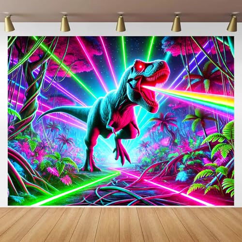 Image of BlissYard Blacklight Tapestry 78x59 Inch Laser Dinosaur Tapestry Trippy Jungle Neon Wall Art UV Reactive Glow in the Dark T Rex Poster for Bedroom Dorm Party Wall Hanging Decor