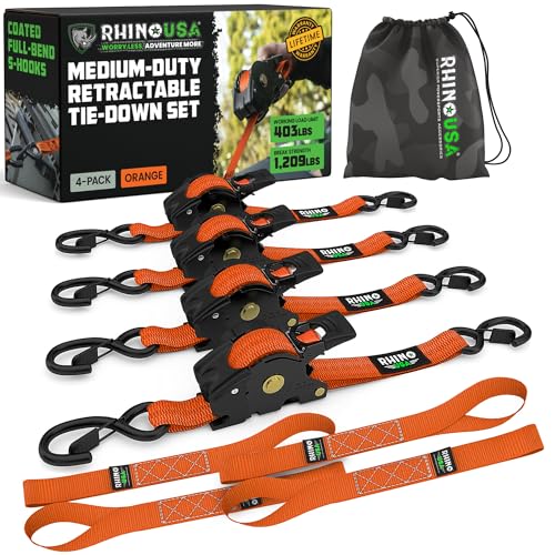Rhino USA Retractable Ratchet Straps (4-Pack) - 1 Inch x 10 Feet (1,209lb Break Strength) - Auto Self Retracting Tie Down Straps for Truck, Cargo Trailer, Motorcycle, ATV, UTV - Orange