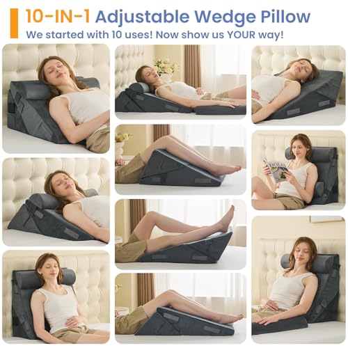 Image of Sasttie Wedge Pillow Set for After Surgery, 2PCS Adjustable Bed Wedge Pillow Headboard with Memory Foam Neck Cushion - for Acid Reflux, Sleeping, Neck & Back Support, Velvet & Dark Grey