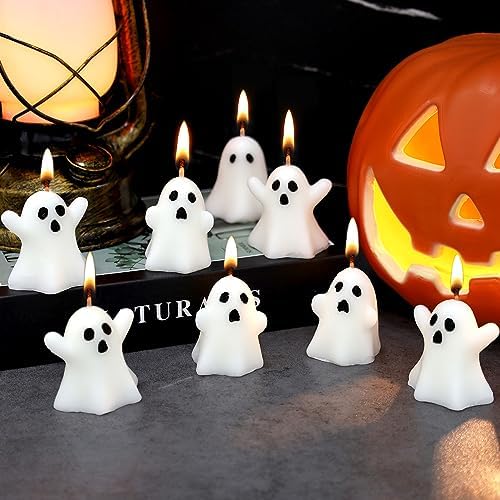 21 PCS Halloween Ghost Candles Spooky Candles White Floating Candles Halloween Decorative Tabletop Candle White Dripless Wax Burning Candles for Halloween Party