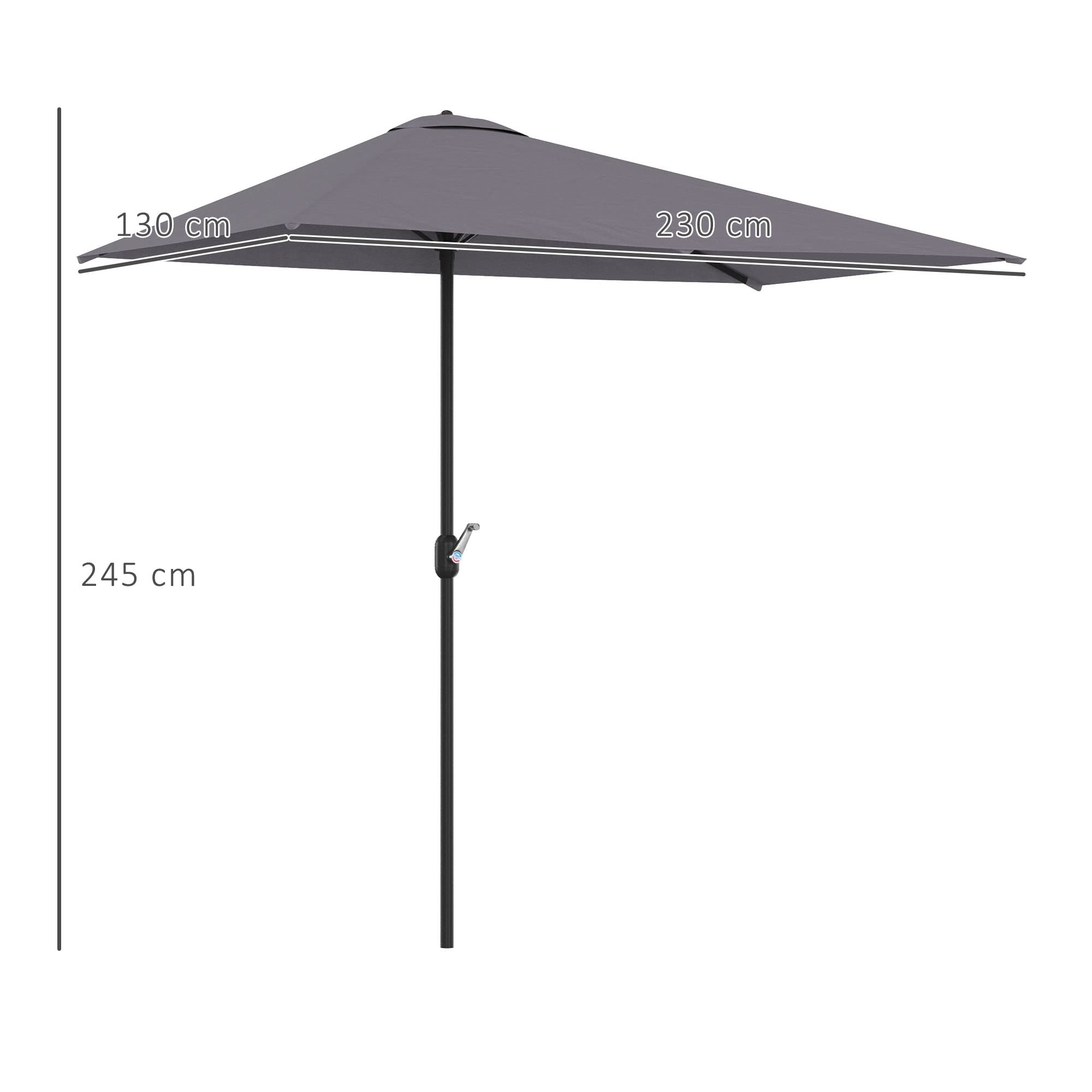 Outsunny Ombrellone Mezzaluna da Parete e Muro 2.3x1.3 m con Apertura a Manovella, Ombrellone da Giardino con 5 Stecche in Metallo e Poliestere 180g/㎡, Anti UV, per Terrazza e Balcone