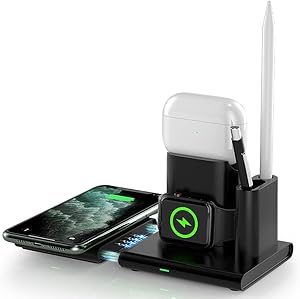 Meifox Wireless Charger, 4 in 1 Fast Qi Charging Dock Station Compatible with Apple Watch & AirPods 1/2/3 & Apple Pencil, iPhone 13/12/12 pro/11 Pro Max/XS Max/XR/8/8 Plus