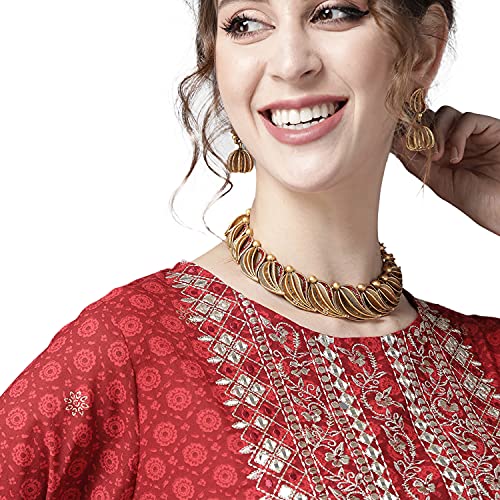 Image of ishin Women's Cotton Regular Fit Anarkali Embellished Zari Embellished Print Kurti