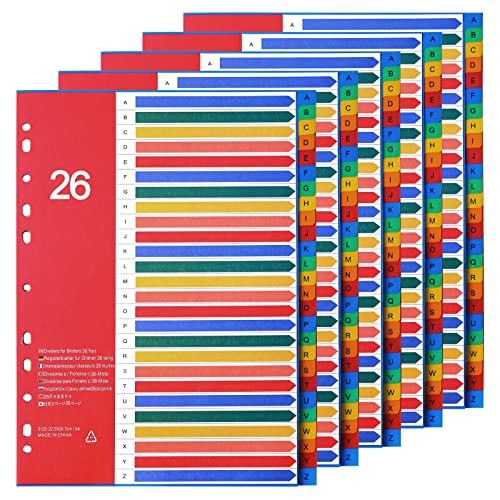 Srvnpioy Lot de 5 Intercalaires A4 A-Z pour classeurs à anneaux, 26 onglets en Polypropylène, Multicolore, 11-trous Onglets Renforcés avec Table des Matières, pour...