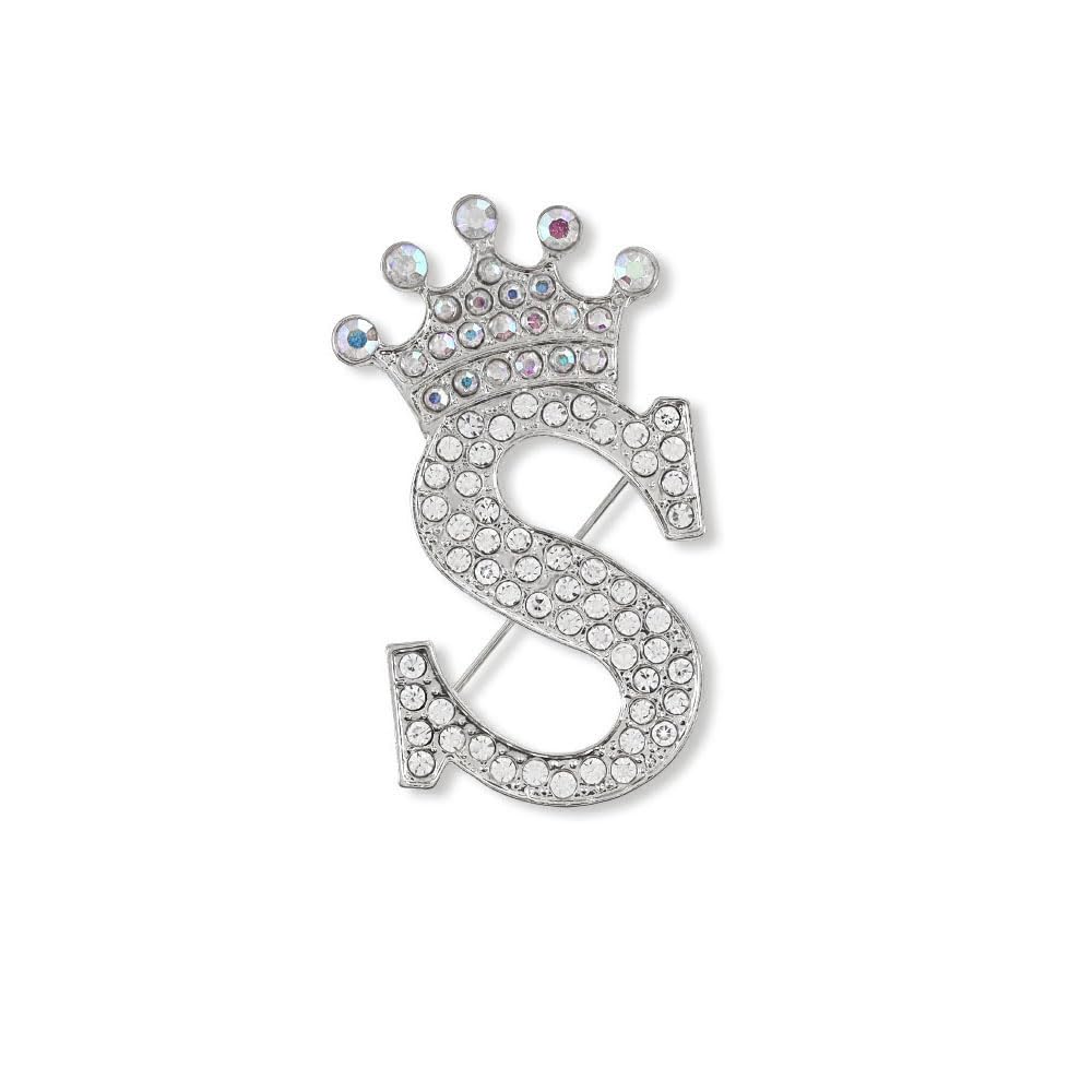 A-Z 26 Letters Brooches Pins for Women Silver Alloy Crystal Crown Initial Brooch Jewelry Gift