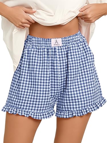 ANRABESS Boxer Shorts for Women Gingham Plaid Elastic Waist Ruffle Perfect for Lounge Pajama&Sleep Cute Casual Summer Bottoms Blue White Plaid Medium