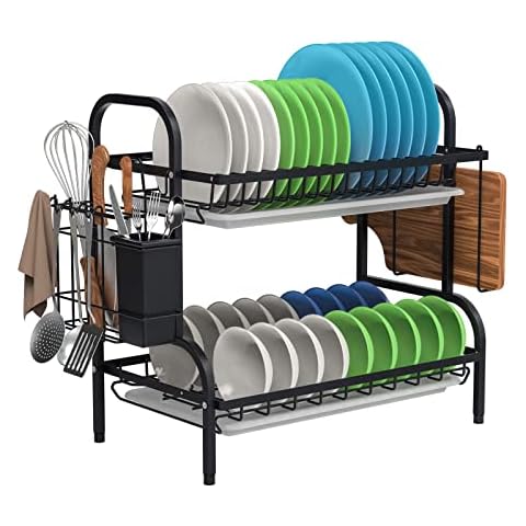 AYIYUN 2 Tier Dish Drying Rack, Stainless Steel Kitchen Dish Drainer Rack Draining Board with Removable Drip Tray, Anti-slip Foot Cover, Rust-Proof Dish Drainer with Utensil Holder(Black) Cover