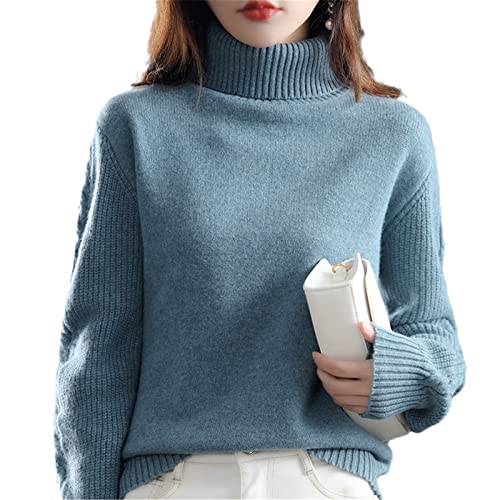 Pokem&Hent Pull à col roulé en laine pure pour femme - Grande taille - Couleur pure, Vert suie., M Cover