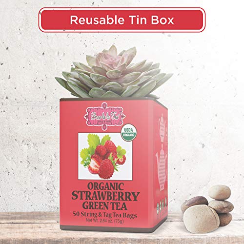 Image of Brew La La Organic Green Tea - Natural Strawberry Flavor - 50 Tea Bag Tin - Low Caffeine - USDA Certified Organic