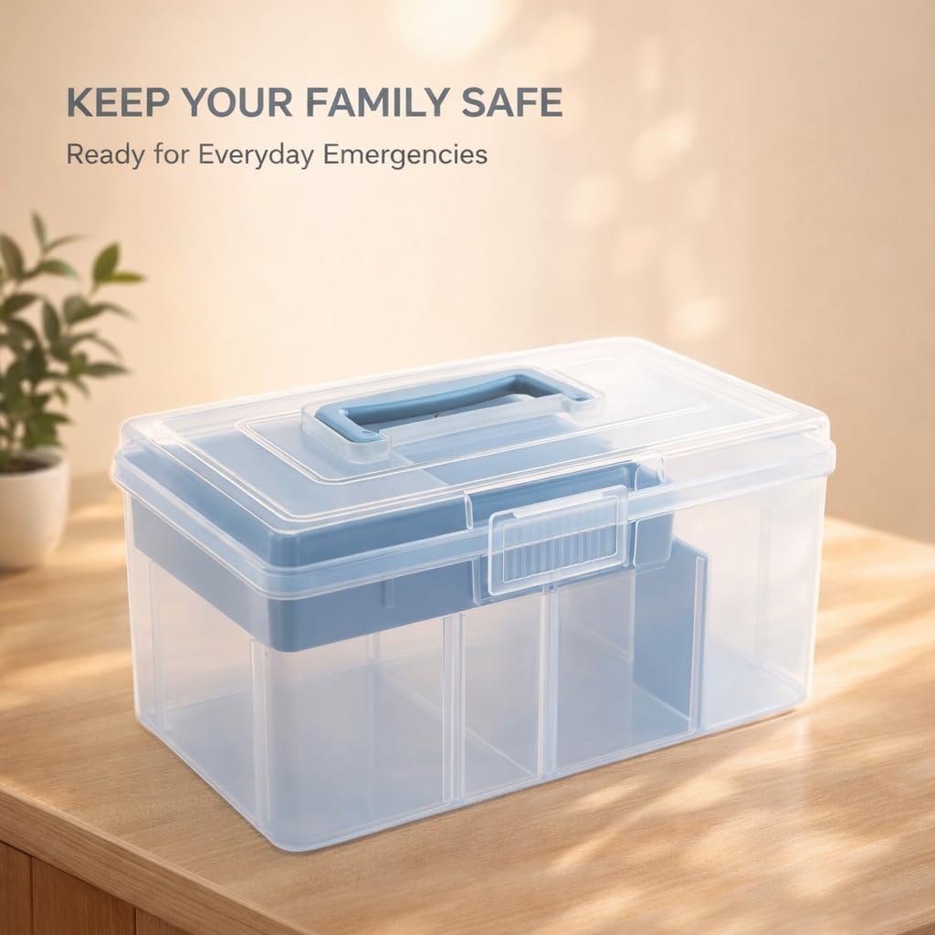 Bandage Organizer,Plastic Medicine Cabinet Organizer with Lid & Handle,2 Tiers Bandaid Holder,Bandages Case for Home Medicine Cabinet,Office,Elastic Bandage OrganizerWrap,Cotton Swabs(Blue)