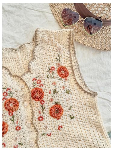 Women's Floral Embroidered Sweater Vests Button Down Crochet Sleeveless Knit Lightweight Cardigans3