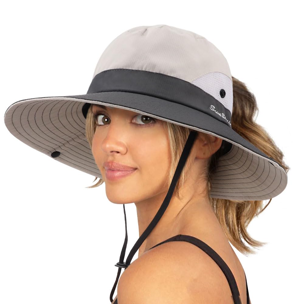 DRESHOW Mujer Sol Sombrero Al aire Libre UV Protección Sombrero Plegable Ala Ancha Pesca Ponytail Playa Bucket Sombreros
