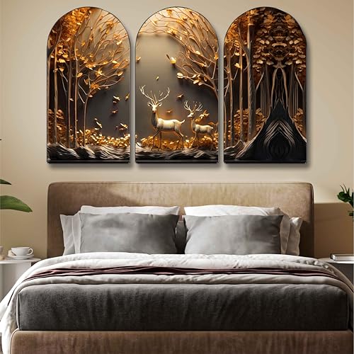 Image of Livin'luxe Golden Deer Forest Wall Painting - 3 Panel Luxury Nature-Inspired Wall Art Modern Home Decor for Living Room, Bedroom, Office & Meditation Spaces