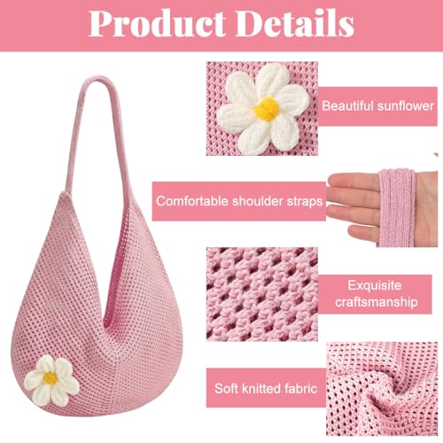 Image of PALAY Tote Bag for Woman Crochet Mesh Beach Shoulder Bags with Flower Brooch Summer Vacation Knitted Bag for Women Shoulder