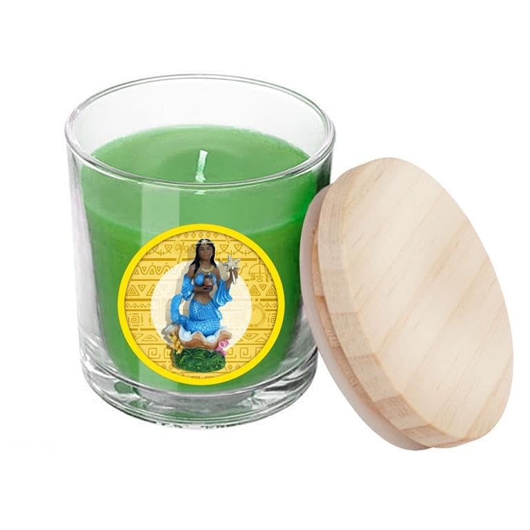 Bougie Yemaya Verte DRW avec boîte cadeau et histoire pour offrir à un proche