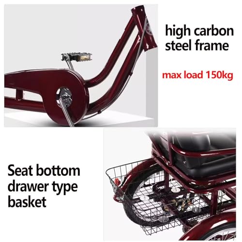 Triciclo para adultos y ancianos de 16 pulgadas, triciclo con pedales, asiento esponjoso con reposabrazos, triciclo cruiser de 3 ruedas, ruedas neumáticas con radios, color vino rojo miniatura 3