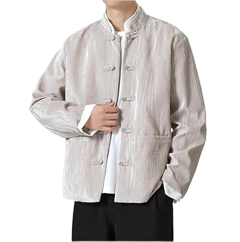 Heren Blazer Pak Jas,Chinese Stijl Opstaande Kraag Blazer voor Heren Klassieke Pasvorm Op Maat Retro Fluwelen Kostuumjasje Kikkerknopen enkelrijs Business Smoking Sportjassen Lichtgrijs 3Xl
