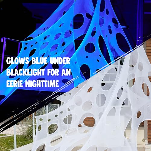 Image of JOYIN 1000sqft Halloween Spider Web Decoration Outdoor, Glow-in-the-Dark Giant Spiderweb, DIY Stretchy Flexible Beef Netting in White (Blue at Night) for Neon Decor Indoor Party Haunted House Prop