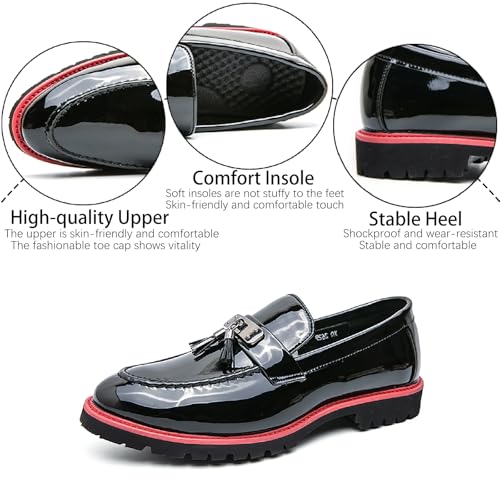 Men's Patent Leather Chain Decor Loafers Lug Sole Non-Slip Platform Tassel Dress Shoes Comfort Pointed Toe Slip-on Block Heel Oxfords for Business Driving Office Walking3