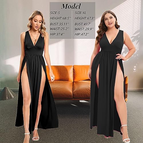 Image of SILUI Women's Summer 2026 Sexy Double High Slit Deep V Neck Plus Size Sundresses Thigh Split Maxi Club Party Dresses