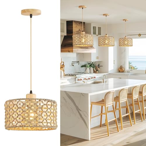 Schindora Suspension Rotin Tissé à La Main,30Cm 1-LumièRes Boho Bambou Lustre Salon Ferme E27 DéCoration Bois Luminaires IntéRieur Pour Cuisine Chambre...