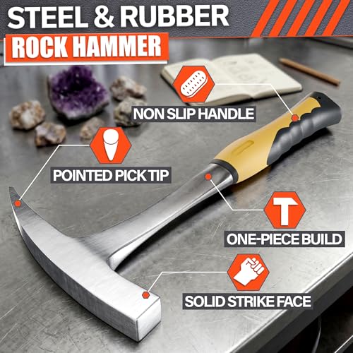 Image of Rock Pick Hammer 28 oz - One-Piece Forged Steel Geology Hammer with Pointed Pick Tip & Shock-Dampening Grip for Rockhounding, Fossil Hunting, Prospecting, Mineral Digging & Light Masonry Chipping Tool