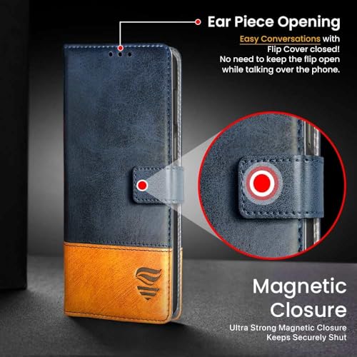 Image of FLIPPED Vegan Leather Flip Case Back Cover for Samsung Galaxy M17 5G | A17 5G | F17 5G (Flexible, Shock Proof | Hand Stitched Leather Finish | Card Pockets Wallet & Stand | Irish Blue with Tanned Oak)