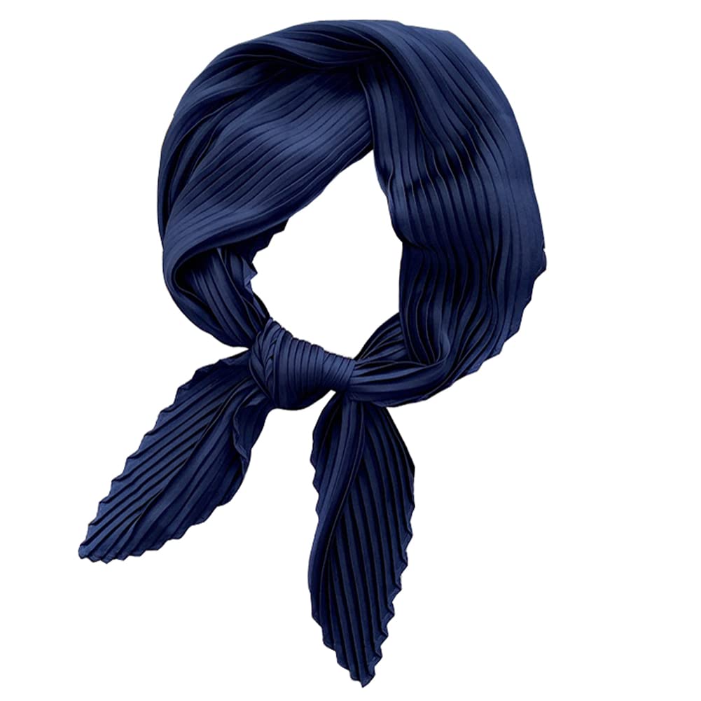 Pengfaxin Women's #01 Navy Silk Like Solid Square Scarf Satin Neckerchief Pleated Headscarf (#01 Navy)