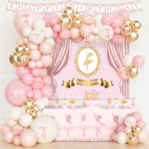 Costova Ballerina Birthday Party Decorations – 107PCs Girls Ballet Birthday Party Supplies with Backdrop, Balloon Garland, Ribbons, Bows, Cake Topper, Cupcake Toppers, Tablecloth