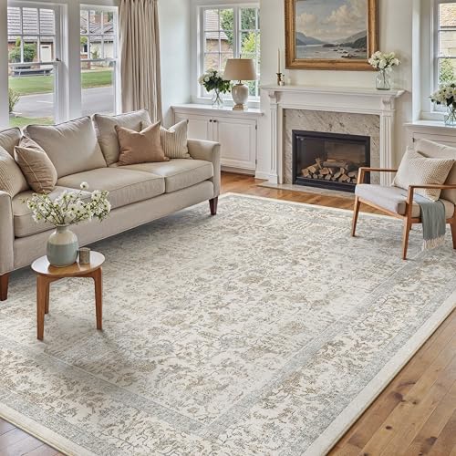 Taupe Area Rug 6x9 Machine Washable Vintage Living Room Distressed Non Slip Carpet Traditional Indoor Bedroom Retro Floral Accent Throw Large Rug for Office Kitchen Dining Room