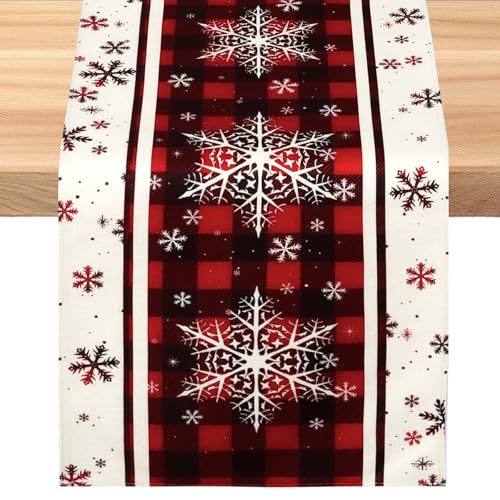 SOMYTING Christmas Table Runner, 13 x 90 Inch Buffalo Plaid Snowflakes Christmas Table Runner