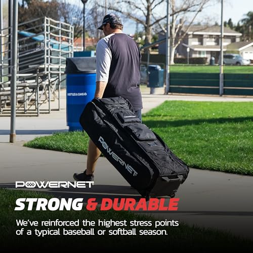 PowerNet All Gear Transporter Baseball Travel Bag, Rolling Duffle with Wheels & Handle for Baseball Accessories, Catchers Gear & Bats, Main Pocket Fits Four 7x7 Nets