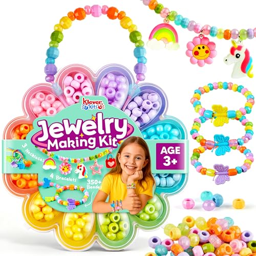 JOVA Klever Kits Jewelry Making Kit, Bracelet Making Kit with Bead, Kids Jewelry Bracelet Kit, DIY Kit with 350+ Colorful Beads, Flower-Shaped Storage Case, Crafts Gifts for Girls Ages 3+