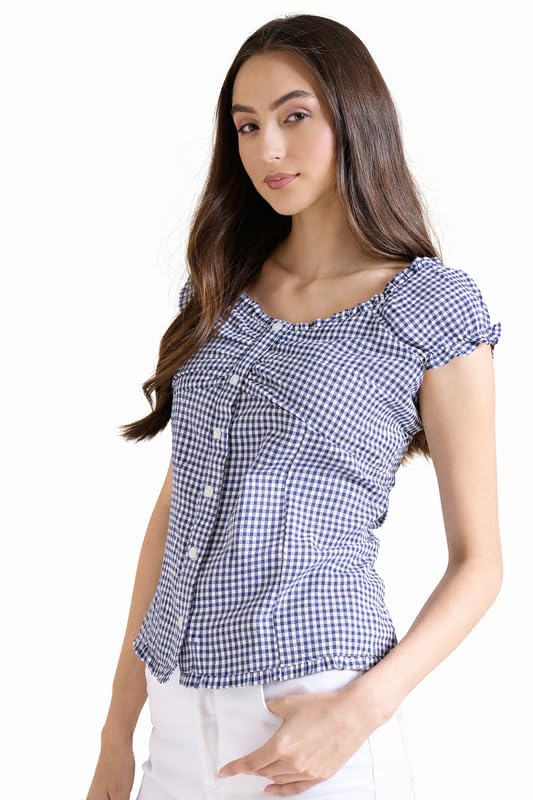 drape and dazzle Drape Dazzle Women Blue & White Gingham Check Cotton Fitted Top with Cap Sleeves-picture-48