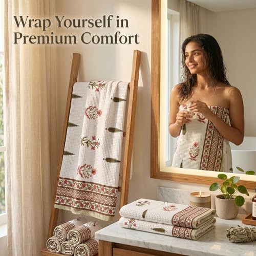 Image of Mafatlal Madhuban Premium Waffle Cotton Set (1 Bath 147x76 cm + 2 Hand 76x38 cm) | 250 GSM | Soft & Absorbent | Porcelain