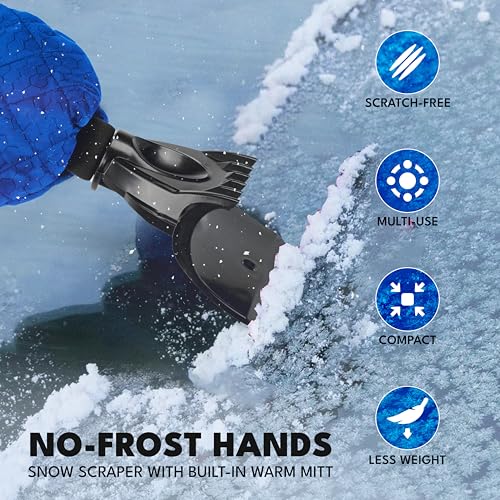 Image of EcoNour Ice Scraper Mitt for Car Windshield | Waterproof Warm Glove | Thick Fleece Lining | Windshield Scraper for Ice and Snow with Foam Grip, Scratch-Free | Detachable Cleaner for Car (Blue)