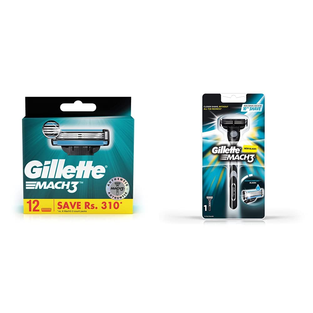 Gillette Mach 3 Manual Shaving Razor Blades (Cartridge) 12s pack & New Blade Razor - 1 Count