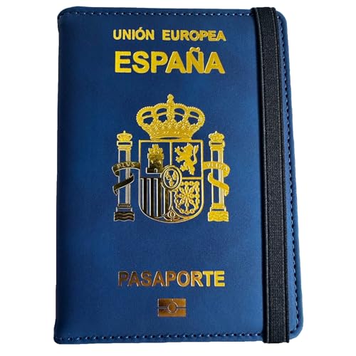 HALYFER Capa passaporte espanhol - porta-documentos de viagem passaporte de Espanha com proteção de privacidade e bloqueio RFID. Portador de cartões e acessórios de viagem, azul, Clássico
