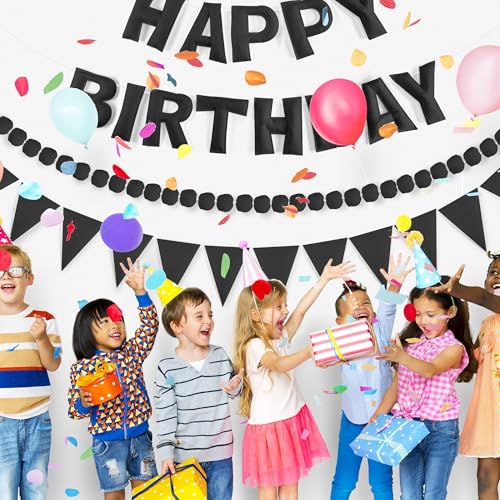 Image of CANREVEL Pre-Strung 3D Rainbow Happy Birthday Banner, 3 PCS Happy Birthday Felt Sign, Pom Pom Garland, Triangle Fabric Bunting, Colorful Reusable Birthday Decorations for Women Men Girls Boys, Black