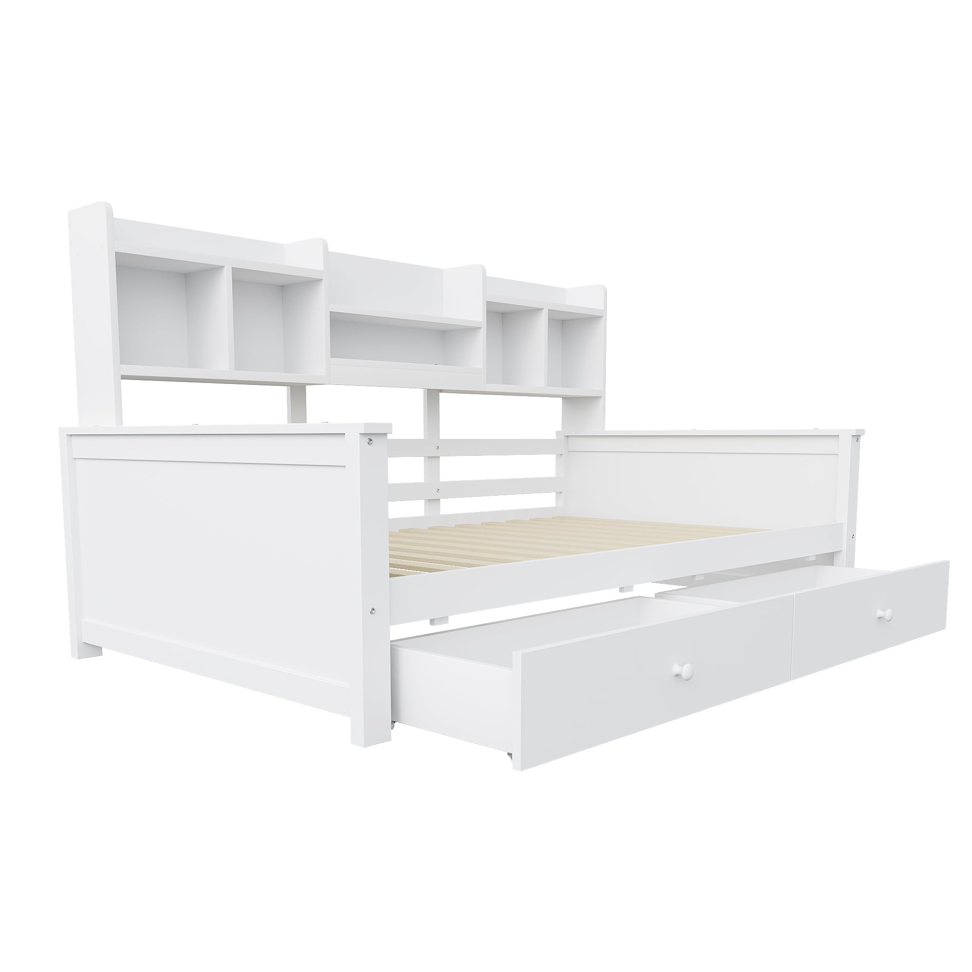 Cama Individual 90 x 200 cm Con Cajones y Estantes - Sofá Cama, Somier, Infantil, Juvenil - Madera Maciza Sin Colchón (Blanco)