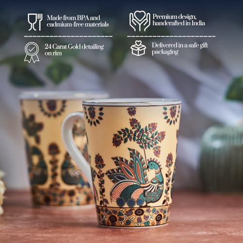 Image of GOLDEN QUEEN'S Elegant Floral Mugs: Set of 2 for Coffee, Tea, Milk | Ideal for Hosting, Casual Gatherings, or Your Daily Beverage Ritual | 24 Carat Gold on Rim - Handpainted Peacock 300 ml