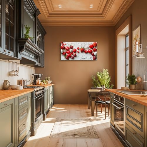 crmotu Fruit Large Wall Art, Still Life Kitchen Art Prints, Cream Cherry Strawberry Canvas Pictures, Cottagecore Oil Paintings Wall Decor Living Room Dining Room Rustic Farmhouse 20x40 Inch