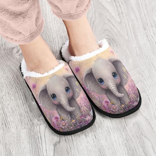 Cute Purple Elephant Flowers Slippers For Women Men Soft Memory Foam Non-Slip Animal Winter Indoor House Shoes Travel Slipper4