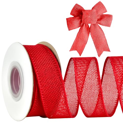 Mupera Premium Red Burlap Wired Ribbon 1.5 Inch x 30 Feet