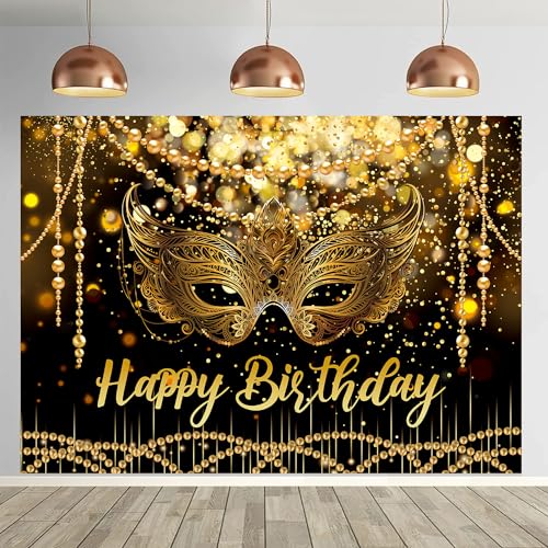 7X5FT Black and Gold Glitter Happy Birthday Backdrop Masquerade Mask Party Decorations Supplies Banner Masquerade Theme Carnival Dancing Photography Background