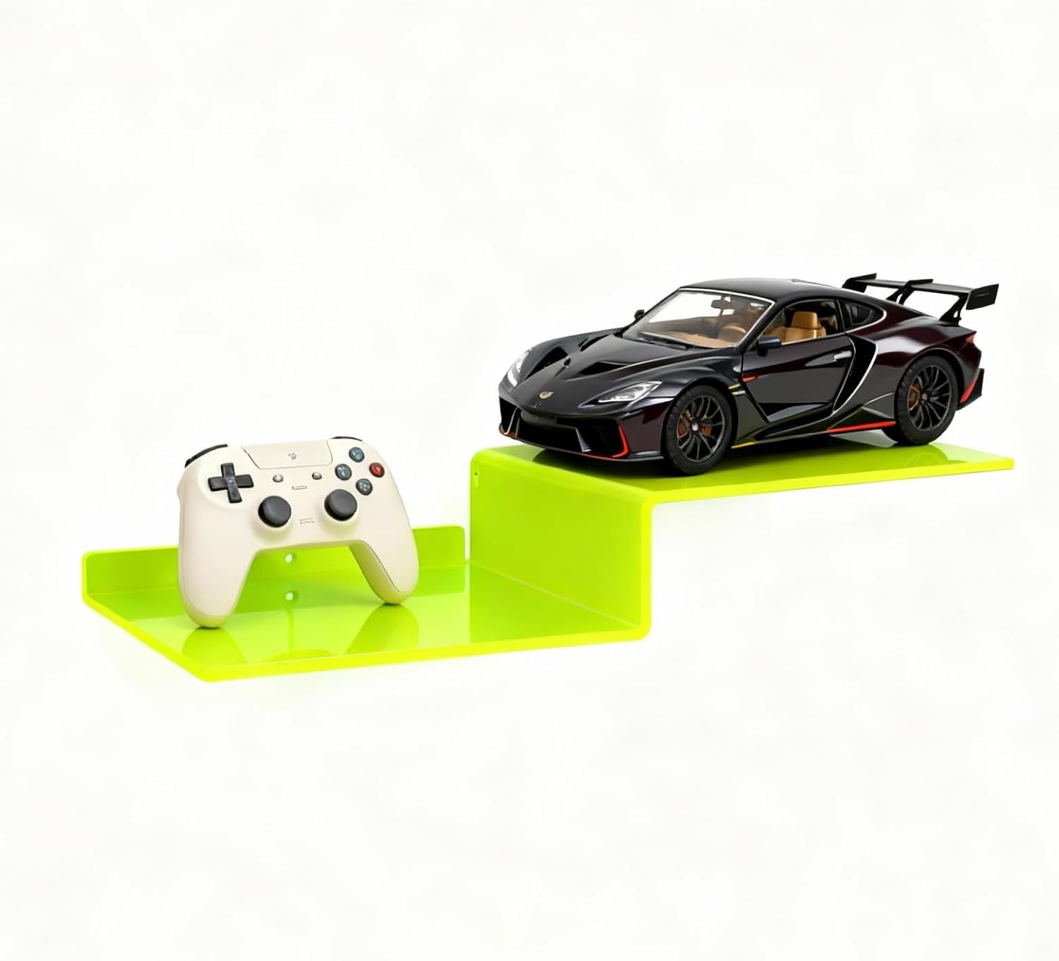 SetGame 2-Pack Acrylic Shelves Z-Shaped Display Stand Wall Mounted, 12 Inch Wall Storage Organizer for Toys, Books, Plants, Photos Album, Suit for Office, Living Room, Room Decor (Neon Green)