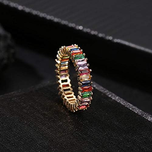 Rainbow Square Baguette Zircon Engagement Ring Colorful Cubic Zirconia Stackable Eternity Band Ring Gold Filled Copper Geometric Thin Line Multicolor Pava CZ Finger Ring for Women Girl Party Jewelry - Image 3