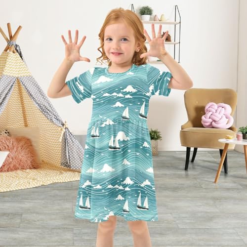 Blue Wave Sailboats Girls Dresses Short Sleeve Twirly Sundress4