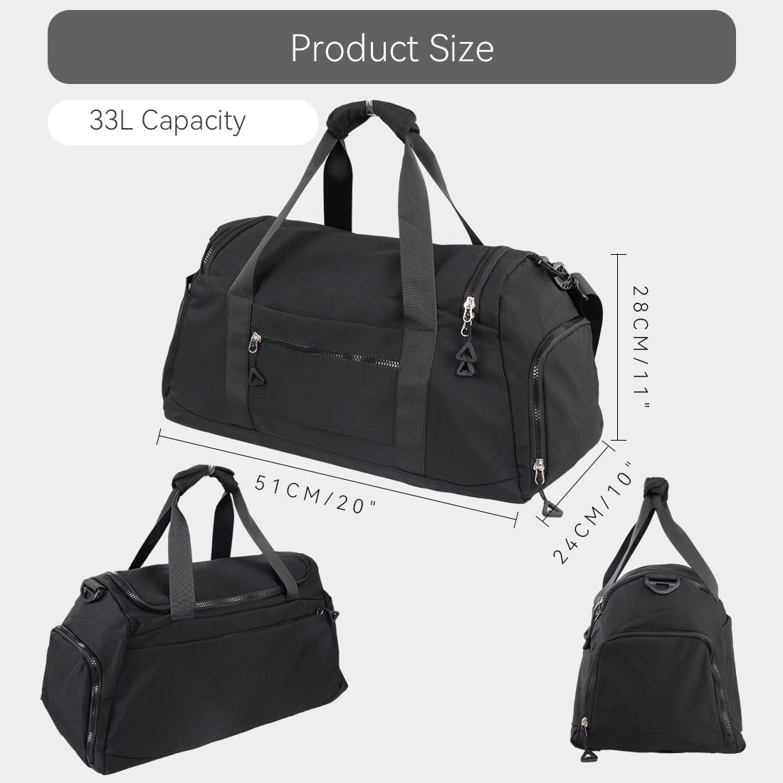 Bolsa deportiva para gimnasio con bolsillo húmedo y compartimento para zapatos, para hombres y mujeres, bolsa de viaje para avión, deporte, gimnasio, natación, yoga, color negro, 33 L, ligera